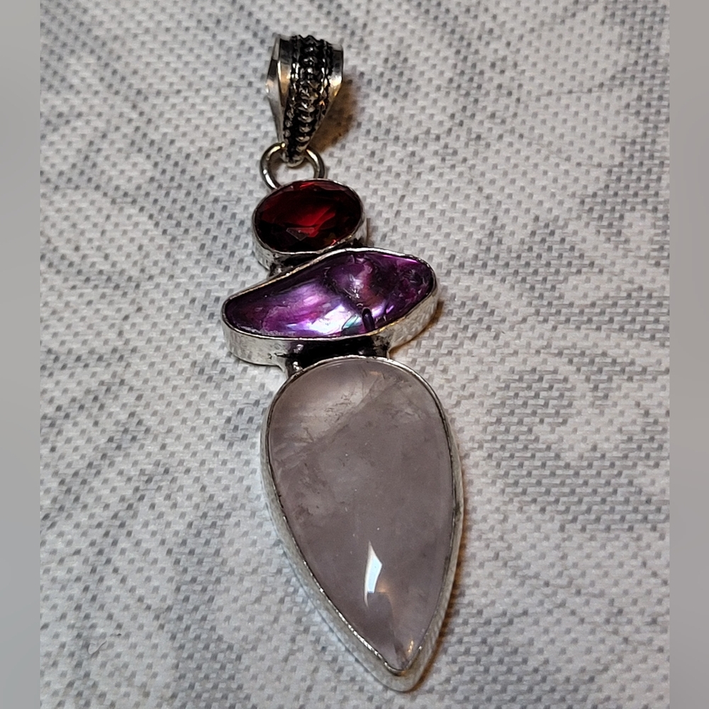 Elegant Rose Quartz Amethyst Garnet Gemstone 925 Sterling Silver Pendant